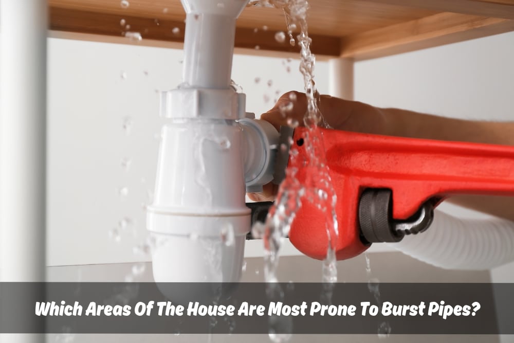 Text overlay on image asks "Which Areas Of The House Are Most Prone To Burst Pipes?" Image shows a damaged pipe with water spraying out, implying a burst pipe in a house.